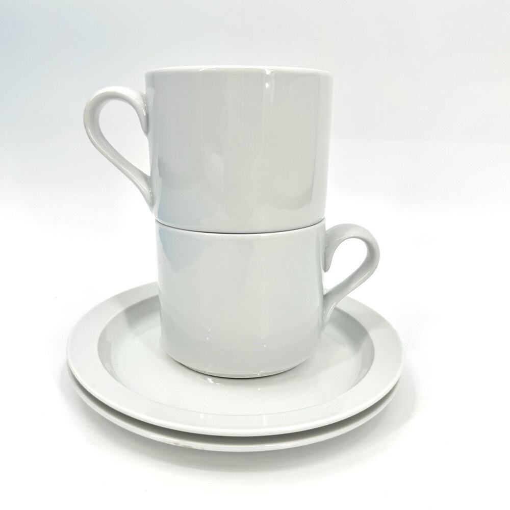 2 Sets of DANSK Bistro White 8oz. Coffee Cup & Saucer Portugal Minimalist (4pc.)